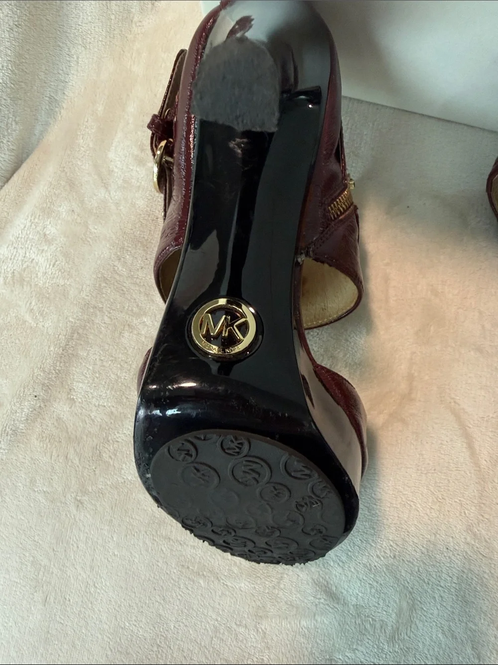 Michael Kors Darby Maroon PatentLeather Platform Stiletto Heels with Gold Buckle